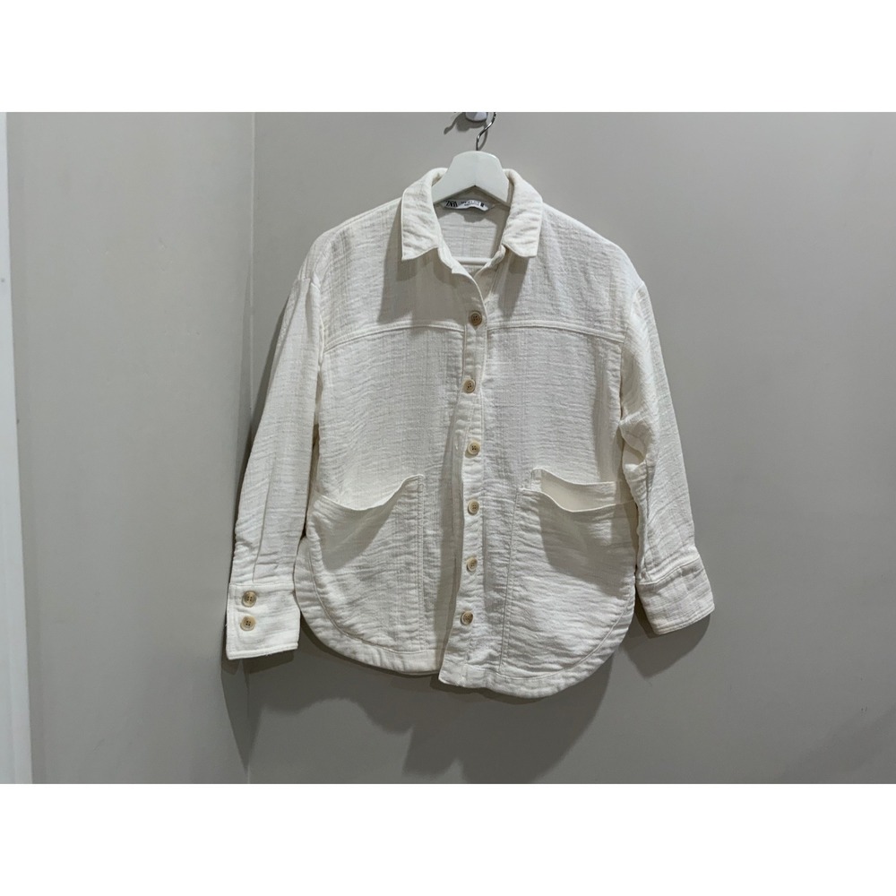 Zara White Textured Button Down Shirt Jacket With Pockets Womens Medium